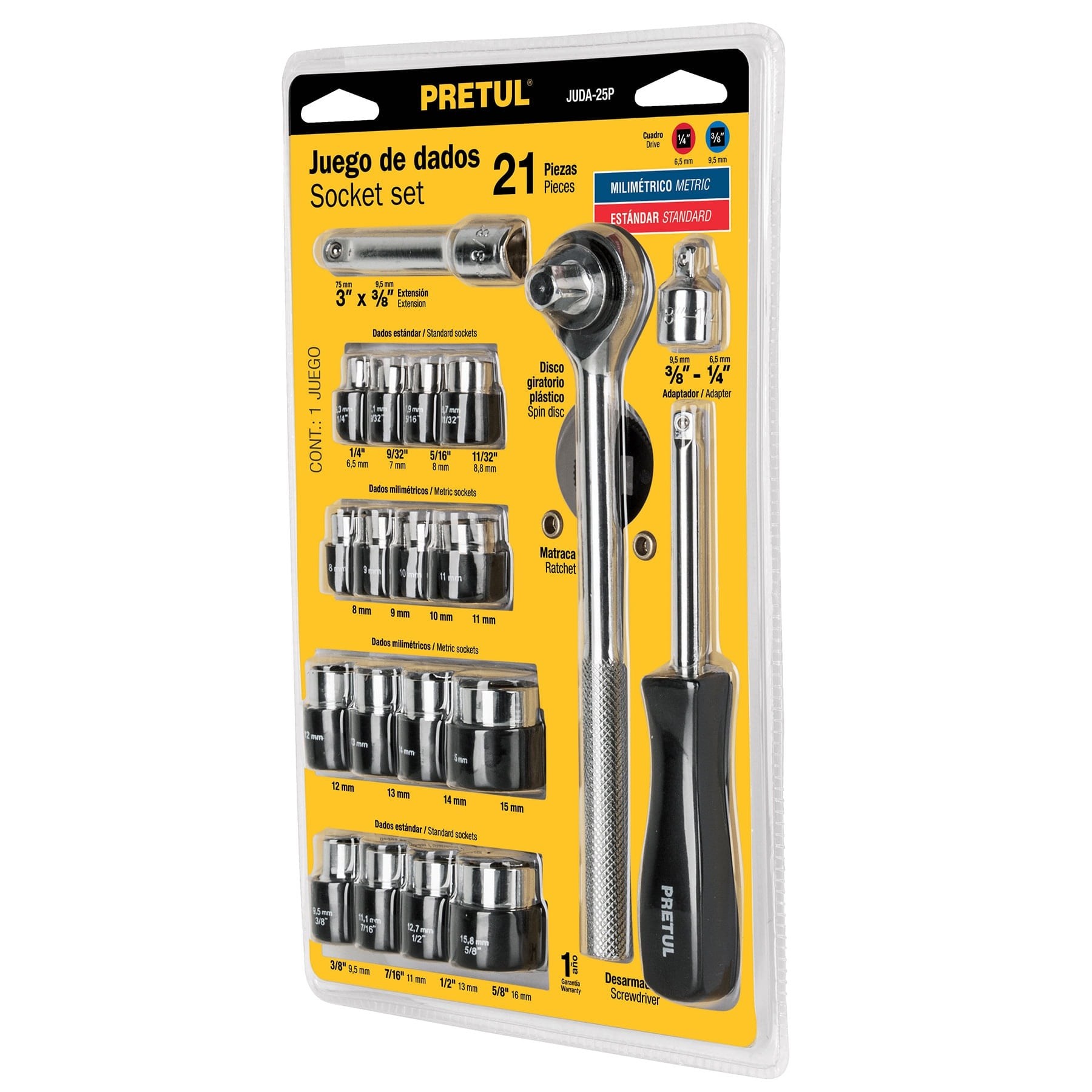 21162 JUEGO DADOS CUADRO 1/4 Y 3/8 25PZ JUDA-25P PRETUL