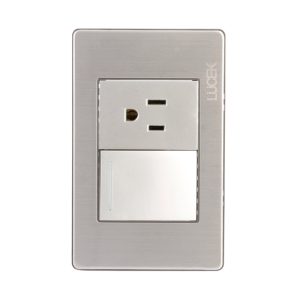 BP07-M/P - PLACA METÁLICA CON 1 INTERRUPTOR SENCILLO Y 1 CONTACTO DE 1.5 MÓDULOS PLATEADO LUCEK