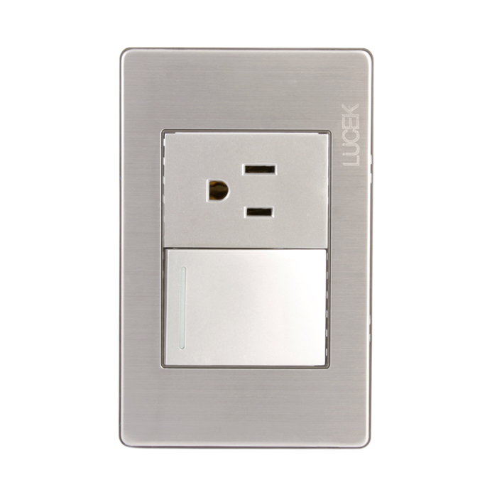 BP07-M/P - PLACA METÁLICA CON 1 INTERRUPTOR SENCILLO Y 1 CONTACTO DE 1.5 MÓDULOS PLATEADO LUCEK