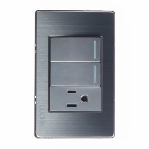 BP19-M/P - PLACA METÁLICA CON 2 INTERRUPTORES SENCILLOS Y 1 CONTACTO DE 1 MÓDULO PLATEADO LUCEK