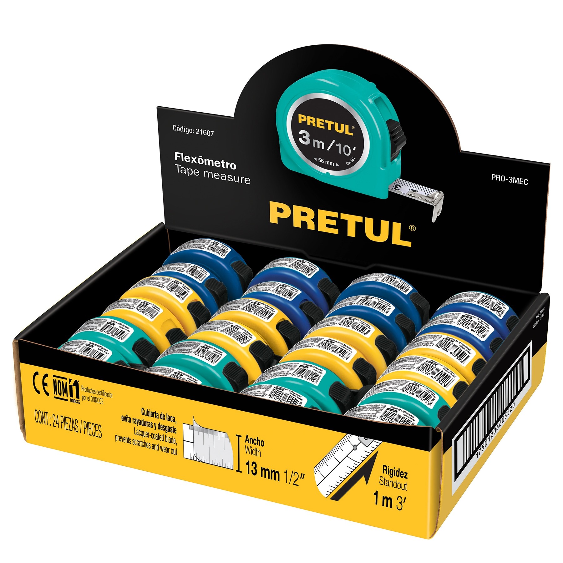 21607 FLEXÓMETRO VARIOS COLORES 3 M X 1/2", PRETUL