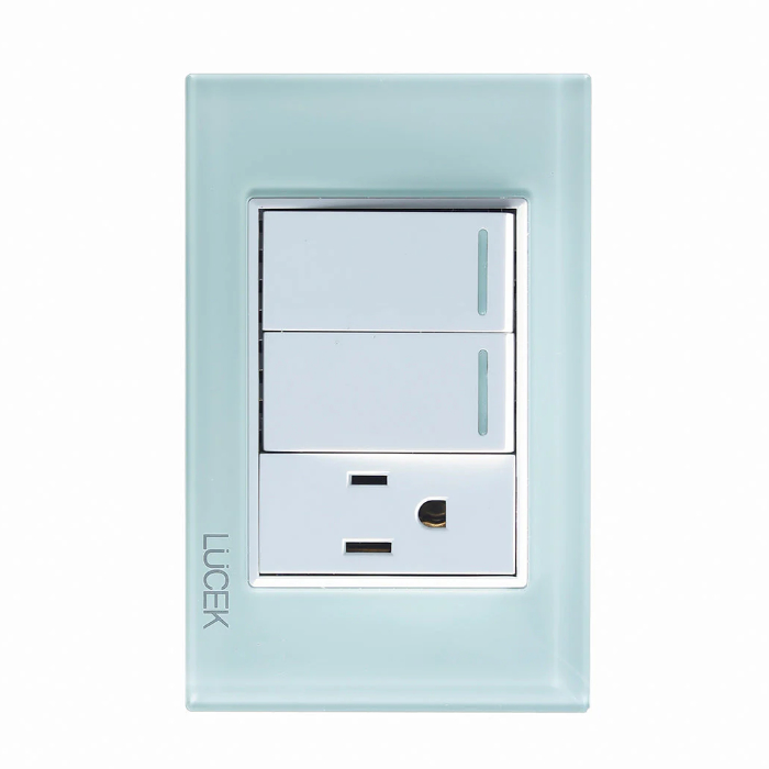 BP19-CCB - PLACA CON 2 INTERRUPTORES SENCILLOS Y 1 CONTACTO DE 1 MÓDULO. CELESTE CRISTAL