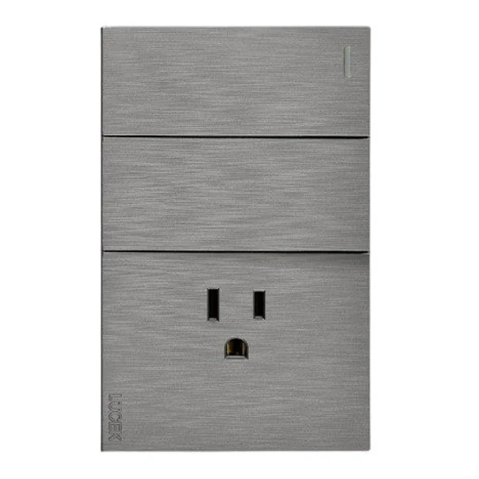 BF19-P - PLACA PLANA CON 2 INTERRUPTORES SENCILLOS Y 1 CONTACTO PLATA FLAT LUCEK
